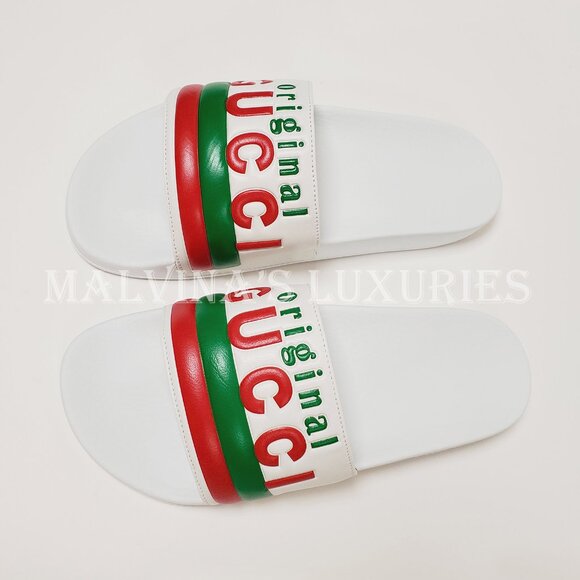 GUCCI SHOES MENS ORIGINAL WHITE LEATHER RUBBER SLIDE SANDAL w WEB sz 8G 8.5 US - Picture 5 of 15